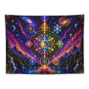 May include: A rectangular wall tapestry featuring a vibrant cosmic landscape with a central glowing yin-yang symbol inside a star, surrounded by sacred geometry, floating planets, galaxies, pine forests, and waterfalls under a colorful nebula sky.