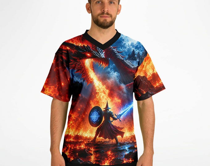 Fire Dragon Water Wizard Jersey, Fantasy Football Jersey for Sale by Swaggy Shirts on Etsy, Dragon Soccer Shirt, Unisex Sports Gamer Jersey