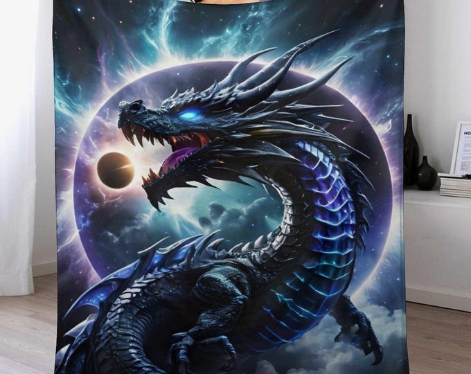 Eclipse Dragon Flannel Blanket, 330gsm Anti-Pill Throw, Soft Cozy Dragon Print Blanket, Lightweight Warm Bed Blanket, Gift for Dragon Lovers
