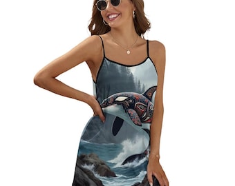 Vestido de baleia assassina nativa à venda pela Swaggy Shirt no Etsy, vestido das Primeiras Nações, vestido de animais marinhos, vestido de amante de orcas, vestido de baleia feminino