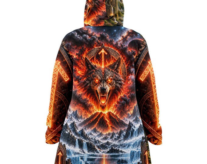 Men's Norse Thor"s Hammer and Fenrir Battle Rune Microfleece Hooded Cloak