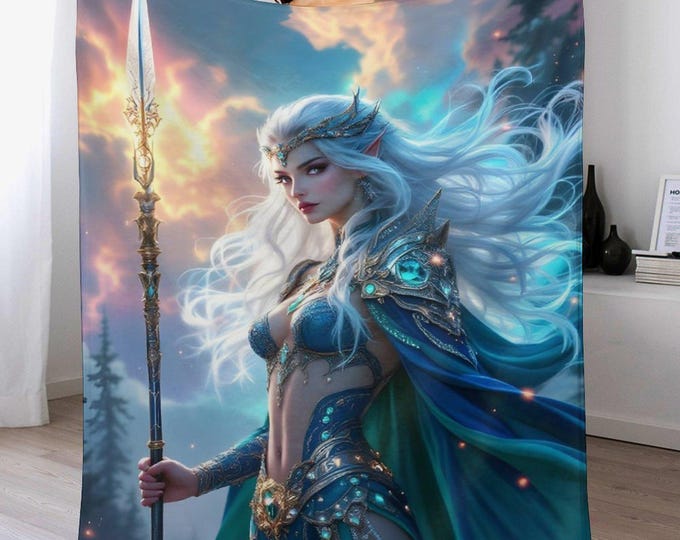 Warrior Elven Goddess Flannel Blanket, Soft Cozy 330gsm Throw Blanket, Anti-Pill Lightweight Fantasy Blanket, Bedroom Couch Travel Blanket