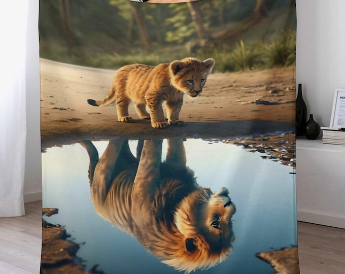 Lion Reflection Flannel Blanket, Cozy Soft Warm Throw, Antipill Lightweight Blanket, Lion Lover Blanket, Winter Travel Blanket Gift for Home