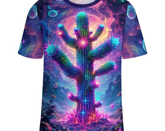 Psychedelic Cactus Shirt For Sale by Online Etsy Apparel Store, Cactus Lovers Tee, Gift For Boyfriend, Clothes Gifting, Ceremony Clothes
