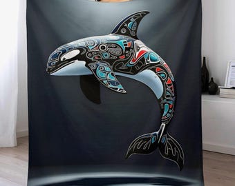Native Orca Killer Whale Flannel Blanket, Animal Lover Blanket, 330gsm Anti-Pill Soft Cozy Throw, Wildlife Ocean Decor, Winter Warm Blanket