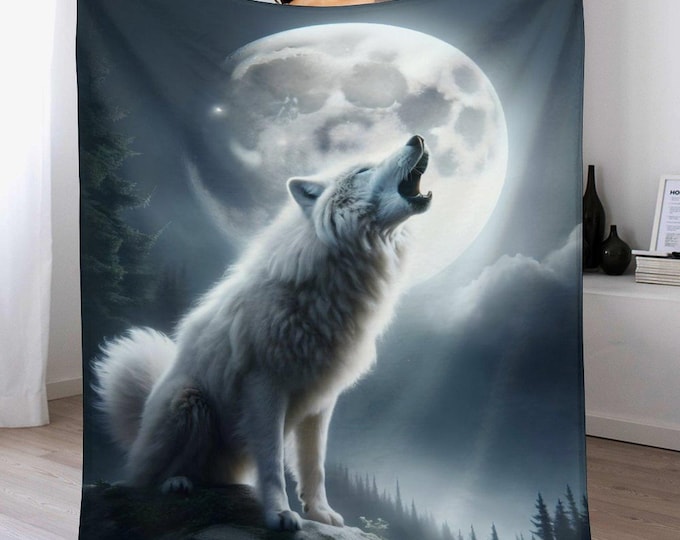 Full Moon Howling Wolf Flannel Blanket (One-sided Printing)-40"×50"