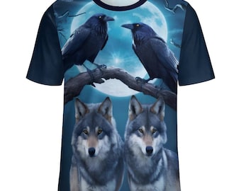 T-shirt Raven Wolf in vendita di Swaggy Shirts su Etsy, Camicia pagana Crow Raven, Maglietta Spirit Animal, Camicia gotica Trendy Mystic Moon con lupi
