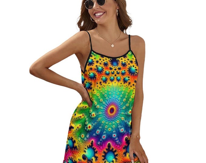 Women's Fractal Dress, Trippy Dress, Spaghetti Strap Dress for Sale by Swaggy Shirts on Etsy, Mandelbrot Dress, Festival Dress, Summer Dress
