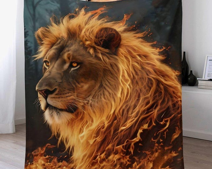 Fire Lion Flannel Blanket, 330gsm Anti-Pill Throw Blanket, Soft Cozy Warm Animal Blanket, Lightweight Travel Blanket, Winter Couch Bed Throw