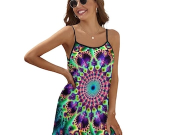 Women's Fractal Dress, Trippy Dress, Spaghetti Strap Dress for Sale by Swaggy Shirts on Etsy, Mandelbrot Dress, Festival Dress, Summer Dress