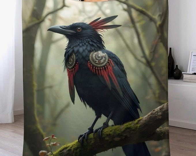 Soft Warm Throw Blanket, Native Raven Flannel Blanket, Indigenous Raven Blanket, Cozy Anti-Pill 330gsm Blanket, American Raven Blanket Gift