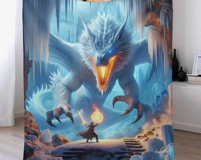 Ice Dragon Vs Wizard Flannel Blanket, Cozy Soft Warm Anti-Pill Throw, Winter Couch Bedding Blanket, Lightweight Travel Blanket, Magical Gift