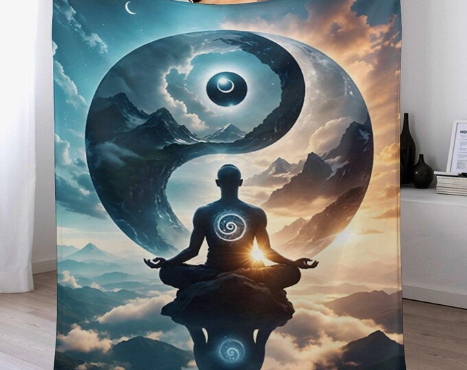 Yin Yang Yoga Flannel Blanket, Cozy Soft Warm Anti-Pill Blanket, Meditation Spiritual Blanket, Lightweight Travel Throw, Yoga Lover Blanket