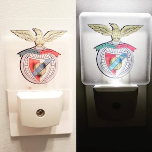 May include: A white night light with a red, green, and blue crest featuring a bird with outstretched wings. The crest has the text "E Pluribus Unum" and "S.L.B."