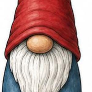 Peut inclure: Une illustration de gnome avec un grand chapeau rouge pointu qui retombe sur le dessus, un gros nez beige rond, une longue barbe blanche, un pantalon bleu et des chaussures marron. Le personnage est représenté debout, face à l'observateur.