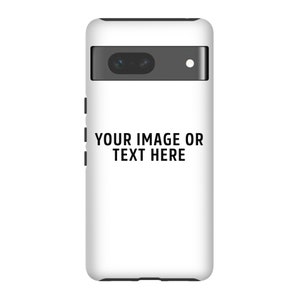 May include: White phone case with a black camera bar and the text "YOUR IMAGE OR TEXT HERE" in black. The case has black buttons on the side and a black border at the top and bottom.