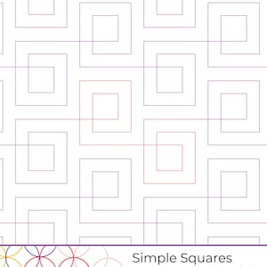 May include: A digital pattern for quilting featuring a geometric design of overlapping squares in purple and red. The pattern is titled "Simple Squares" and is copyrighted by "red willow quilts".