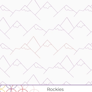 May include: A digital download of a quilting pattern featuring a repeating pattern of purple mountain peaks. The pattern is titled "Rockies" and is copyrighted by "red willow quilts".