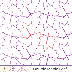May include: A repeating pattern of purple maple leaves with two red maple leaves in the center. The text "Double Maple Leaf" is at the bottom of the image with the copyright symbol and "2022 red willow quilts".
