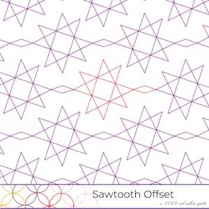 May include: A geometric pattern of purple and red stars. The pattern is called "Sawtooth Offset" and is copyright 2022 red willow quilts.