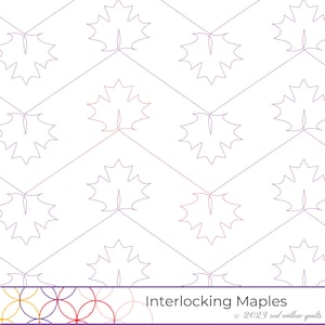Può includere: Un modello di trapunta con un motivo ripetitivo di foglie d'acero intrecciate in tonalità di viola e rosso. Il modello è intitolato "Interlocking Maples" ed è protetto da copyright da "red willow quilts" 2023.