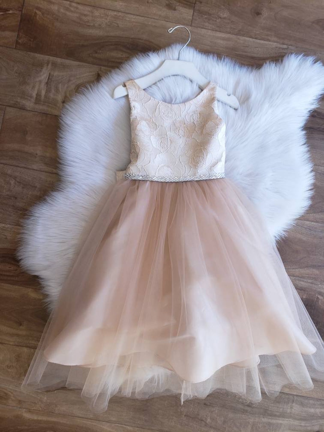 V-cut Back Champagne Flower Girl Dress with Pearls main image 0