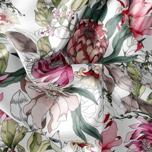 Summer Tropical Flowers Pattern Printed Fabric // Satin, Chiffon, Crepe Fabric // Design Fabric // Handmade Floral Pattern Fabric