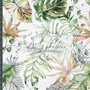 May include: A seamless pattern featuring watercolor illustrations of tropical leaves in shades of green, brown, and orange on a white background. The pattern is perfect for fabric, wallpaper, or other design projects.