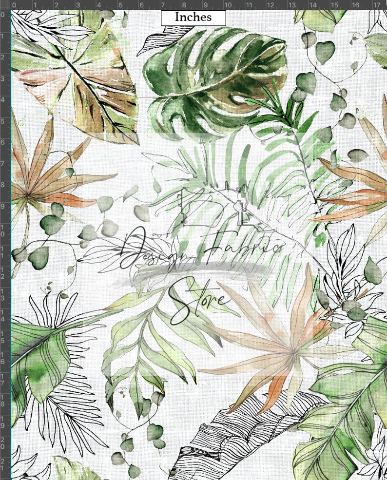 May include: A seamless pattern featuring watercolor illustrations of tropical leaves in shades of green, brown, and orange on a white background. The pattern is perfect for fabric, wallpaper, or other design projects.