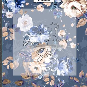 May include: A seamless fabric design featuring a watercolor floral pattern in shades of blue, beige, and brown. The design includes roses, leaves, and other floral elements. The background is a light blue color. The text "Design Fabric Store" is visible in the center of the image.