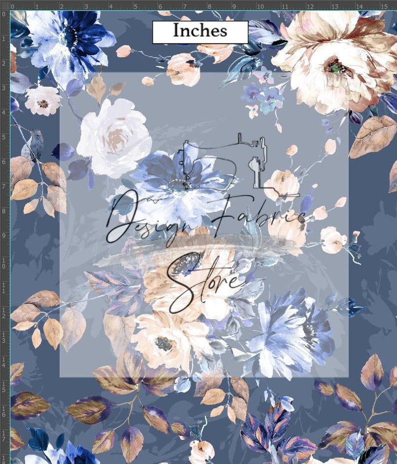 May include: A seamless fabric design featuring a watercolor floral pattern in shades of blue, beige, and brown. The design includes roses, leaves, and other floral elements. The background is a light blue color. The text "Design Fabric Store" is visible in the center of the image.