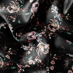 Tela con estampado de bloques/Tela floral negra hecha a mano: Satén, gasa, crepé/TELA ESTAMPADA
