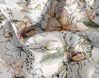 Handcrafted Botanical Fabric: Watercolor Floral Print - Satin, Chiffon, Crepe