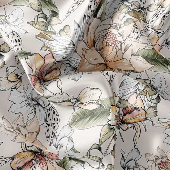 Handcrafted Botanical Fabric: Watercolor Floral Print - Satin, Chiffon, Crepe