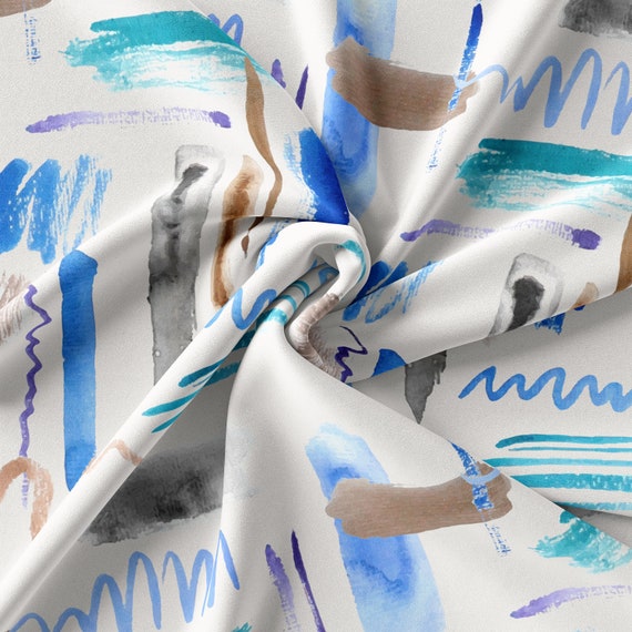 Block Print Fabric/Blue Abstract Watercolor Stripe Fabric: Satin, Chiffon, Crepe/PRİNTED FABRİC