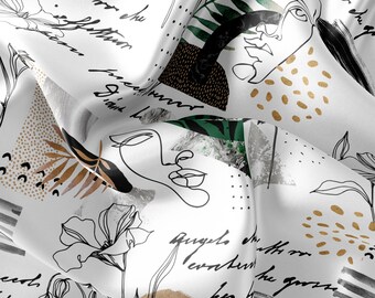 Pode incluir: Impressão de arte abstrata com fundo branco, desenhos de linha preta de rostos, flores e folhas. A impressão também inclui acentos dourados e marrons.