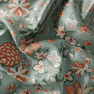 Green Boho Floral Pattern Printed Fabric // Satin, Chiffon, Crepe Fabric // Design Fabric // Floral Pattern Fabric