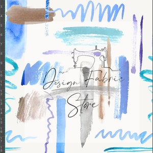 Op de afbeelding: Abstract waterverf ontwerp met blauwe, bruine en grijze penseelstreken met een naaimachine illustratie en de tekst "Design Fabric Store".