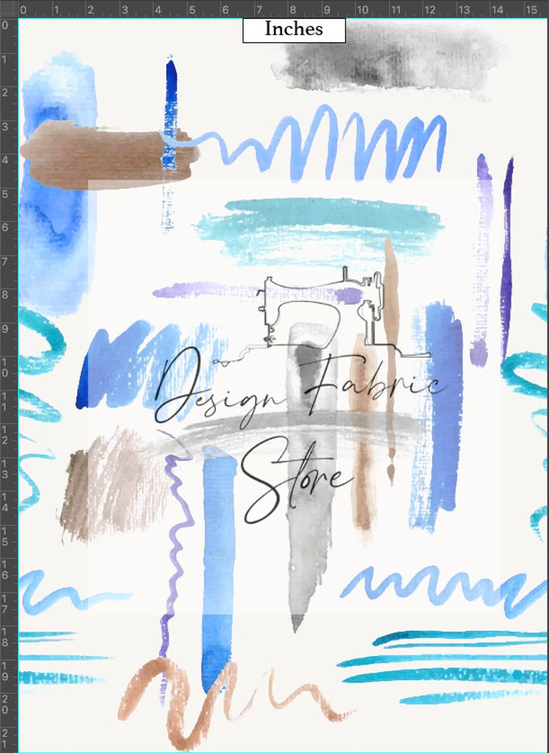 Op de afbeelding: Abstract waterverf ontwerp met blauwe, bruine en grijze penseelstreken met een naaimachine illustratie en de tekst "Design Fabric Store".