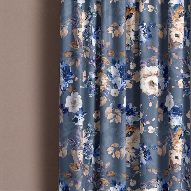May include: Blue floral curtain panel with a watercolor-style design featuring large white and blue flowers with brown leaves.