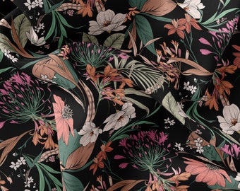 Block Print Fabric/Black Floral Fabric: Handcrafted Satin, Chiffon, Crepe/PRİNTED FABRİC