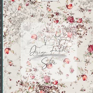 May include: A seamless fabric pattern with a white background and a repeating design of red, pink, and green floral motifs. The fabric is 11 inches wide.