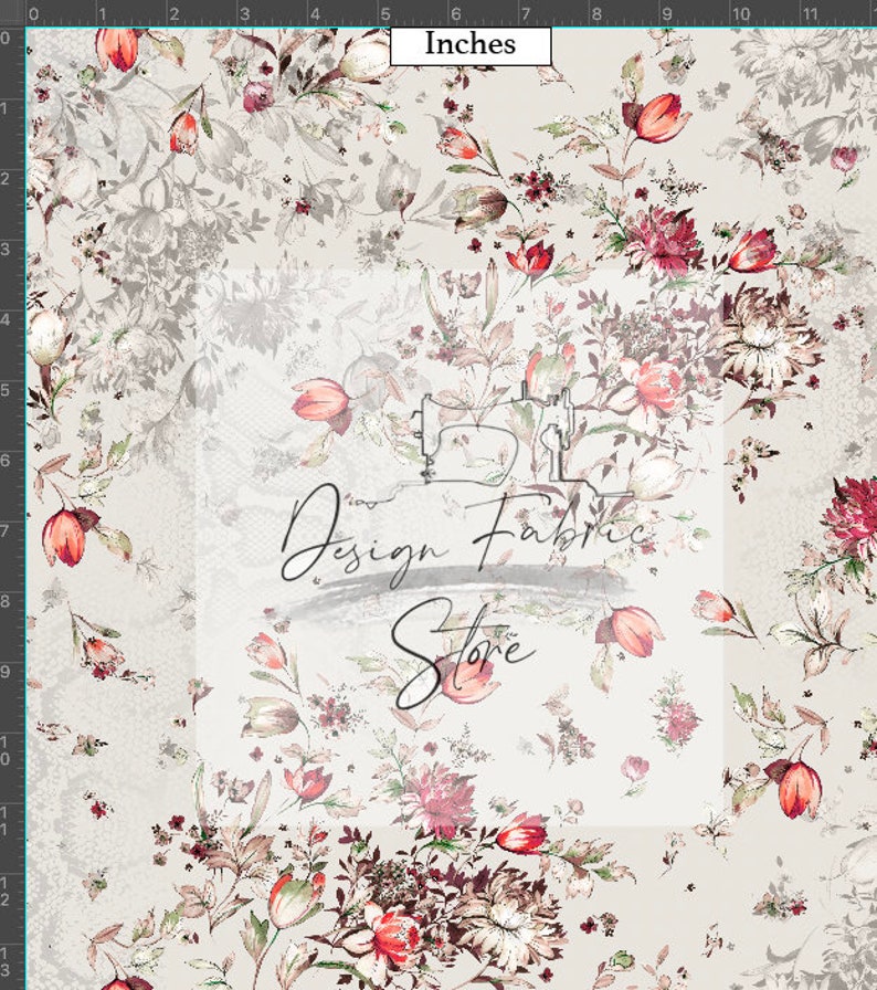 May include: A seamless fabric pattern with a white background and a repeating design of red, pink, and green floral motifs. The fabric is 11 inches wide.