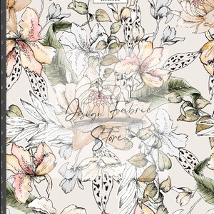 May include: A seamless pattern featuring a watercolor floral design with pink, peach, and green flowers on a beige background. The flowers are drawn in a delicate, hand-painted style.