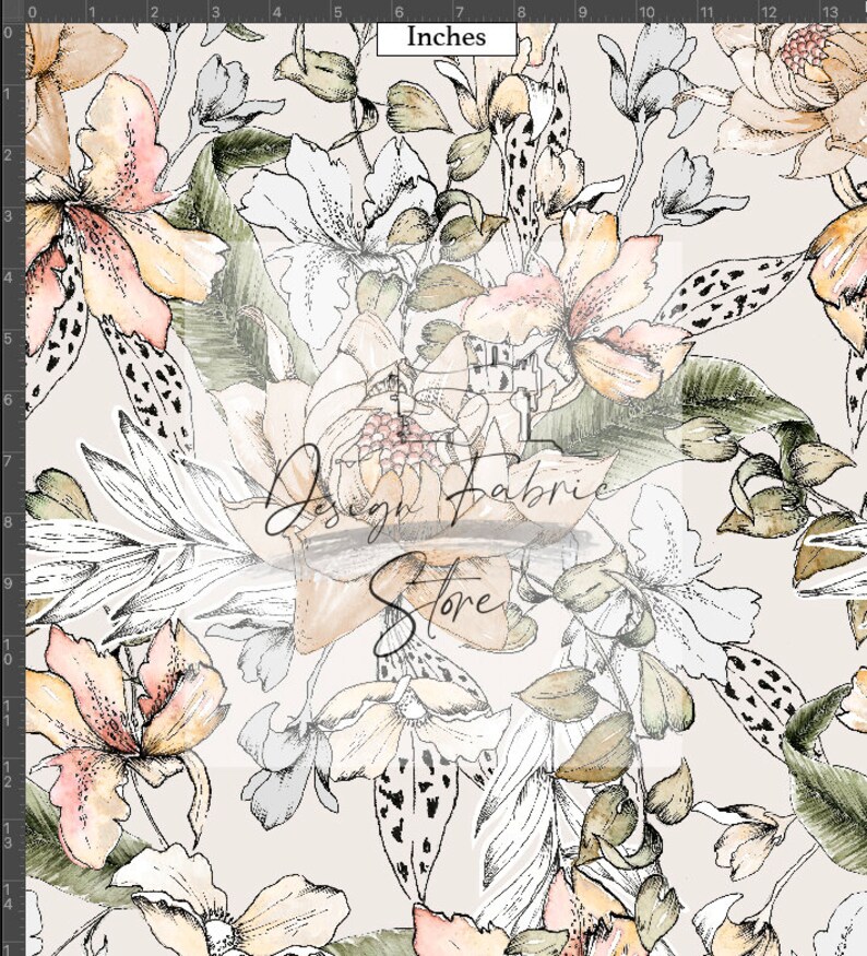 May include: A seamless pattern featuring a watercolor floral design with pink, peach, and green flowers on a beige background. The flowers are drawn in a delicate, hand-painted style.