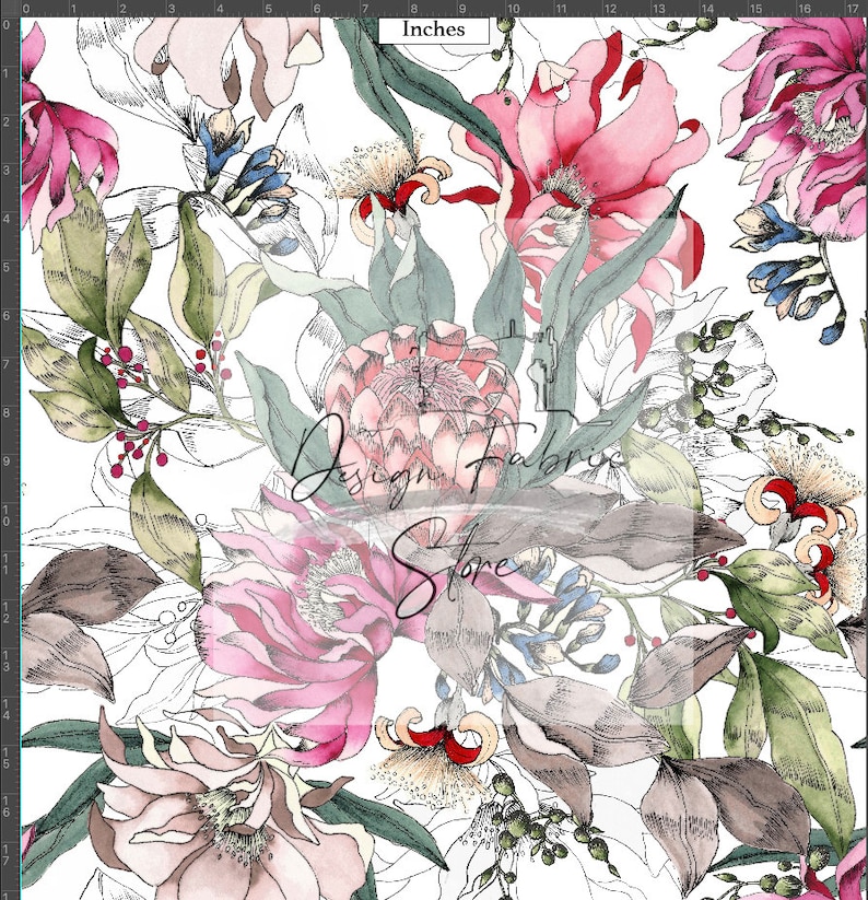 Puede incluir: Un fondo blanco con un patr&oacute;n floral de acuarela con flores rosas, rojas y azules. Las flores est&aacute;n rodeadas de hojas y ramas verdes. El texto "Design Fabric Store" es visible en el centro de la imagen.