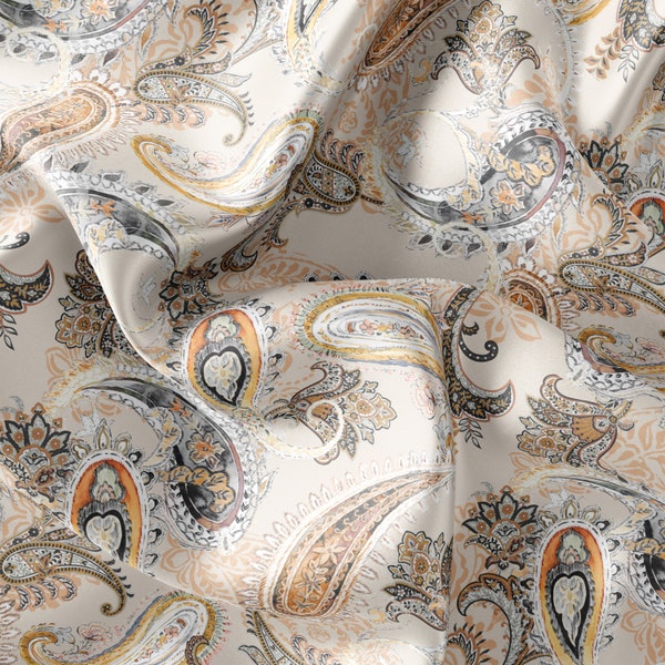 Tissu imprimé motif Paisley // Satin, Mousseline de soie, Tissu crêpe // Tissu design // Tissu à motif Boho Paisley fait à la main