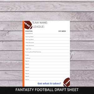 Printable Fantasy Football Draft Sheet, Sports Download, Draft sheet, Fantasy form, Draft template, Football print, Draft Log, Fall Football
