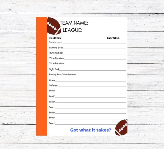 Printable Fantasy Football Draft Sheet Sports Download Draft Etsy