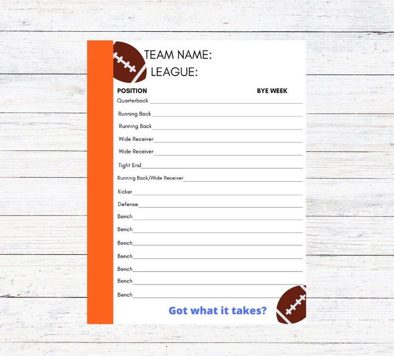 Printable Fantasy Football Draft Sheet, Sports Download, Draft Sheet